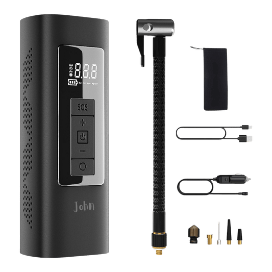 John Air Pump with braided air line, adaptors, charger and pouch