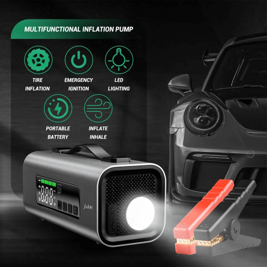 Multiple functions device tire inflator, jump starter, torch, light, power bank